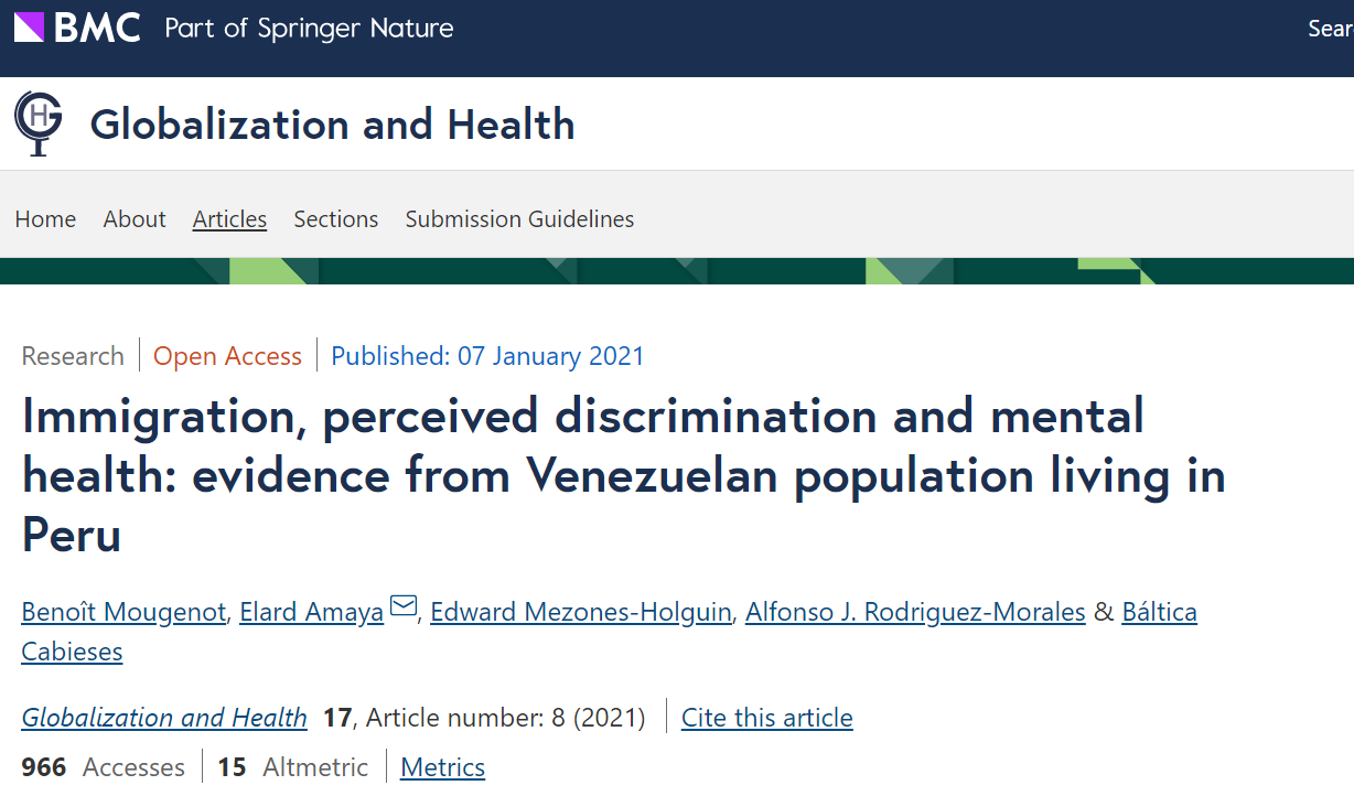 Publicación artículo científico sobre salud mental de migrantes internacionales